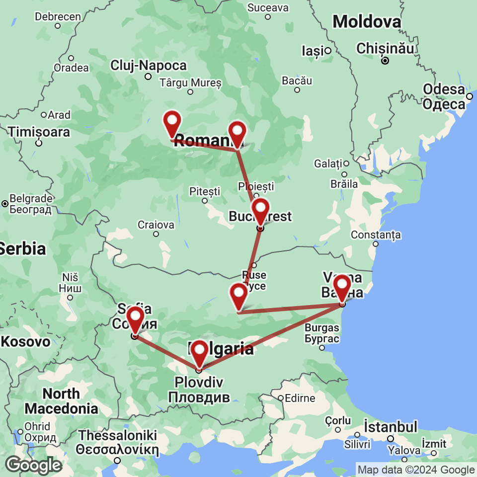 Route for Sibiu, Brasov, Bucharest, Veliko Tarnovo, Varna, Plovdiv, Sofia tour
